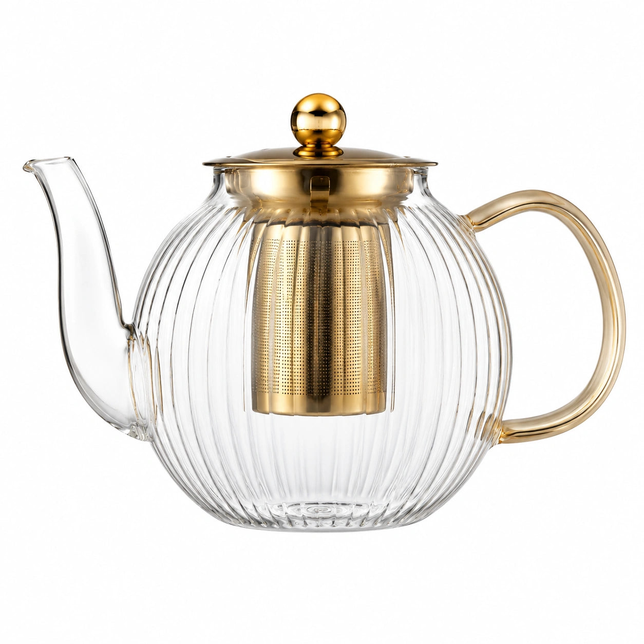 Teiera 1.00 L in vetro trasparente e metallo dorato con infusore - stile rigato