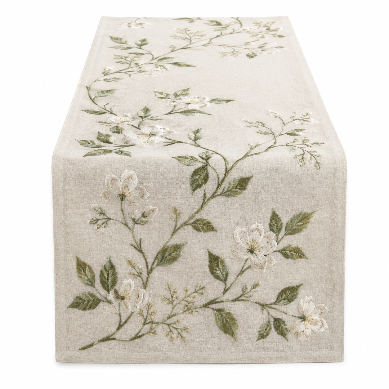 Runner da tavola 180 x 33 cm in tessuto beige ricamato floreale