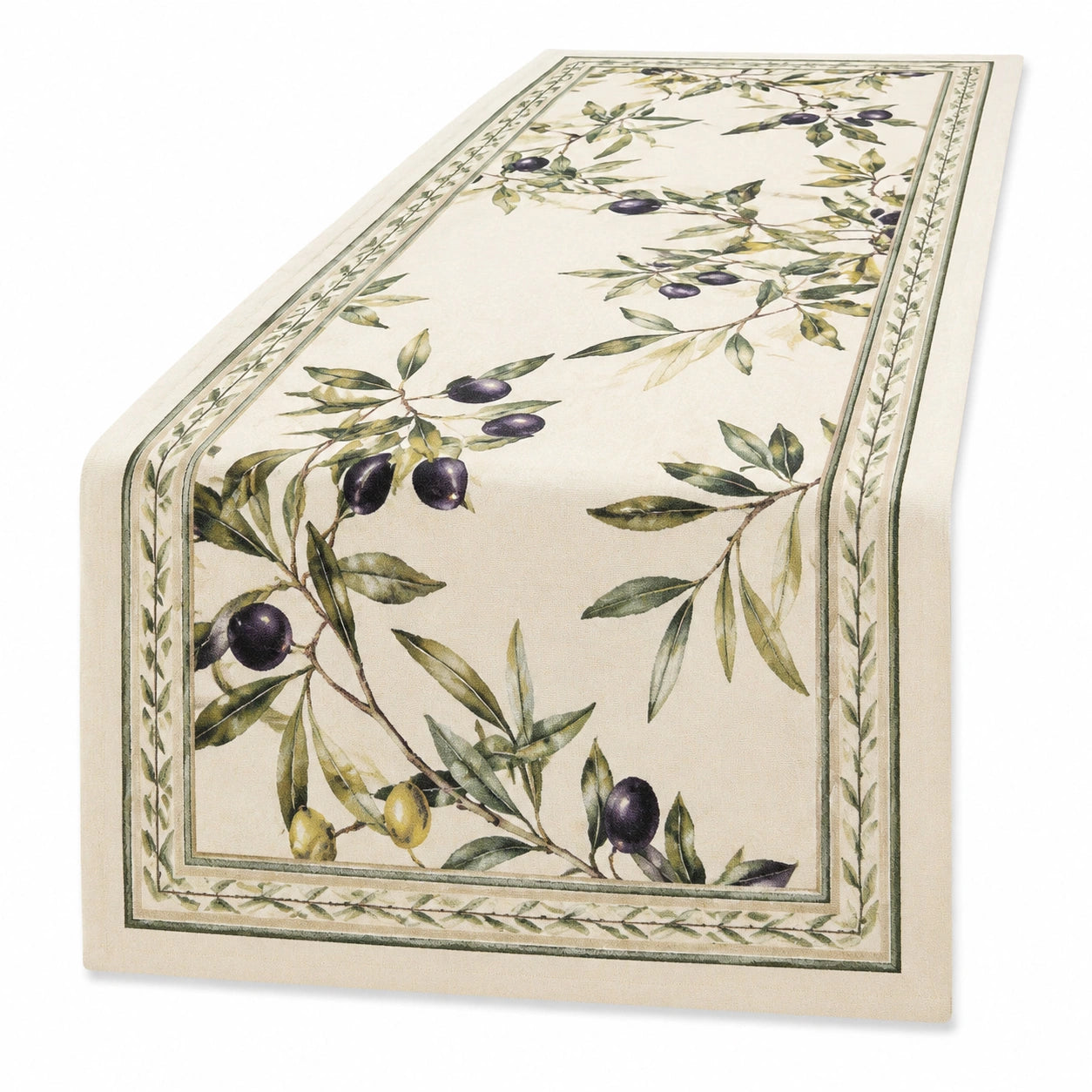 Runner da tavola 40 x 180 cm in poliestere beige con motivo olive stile botanico