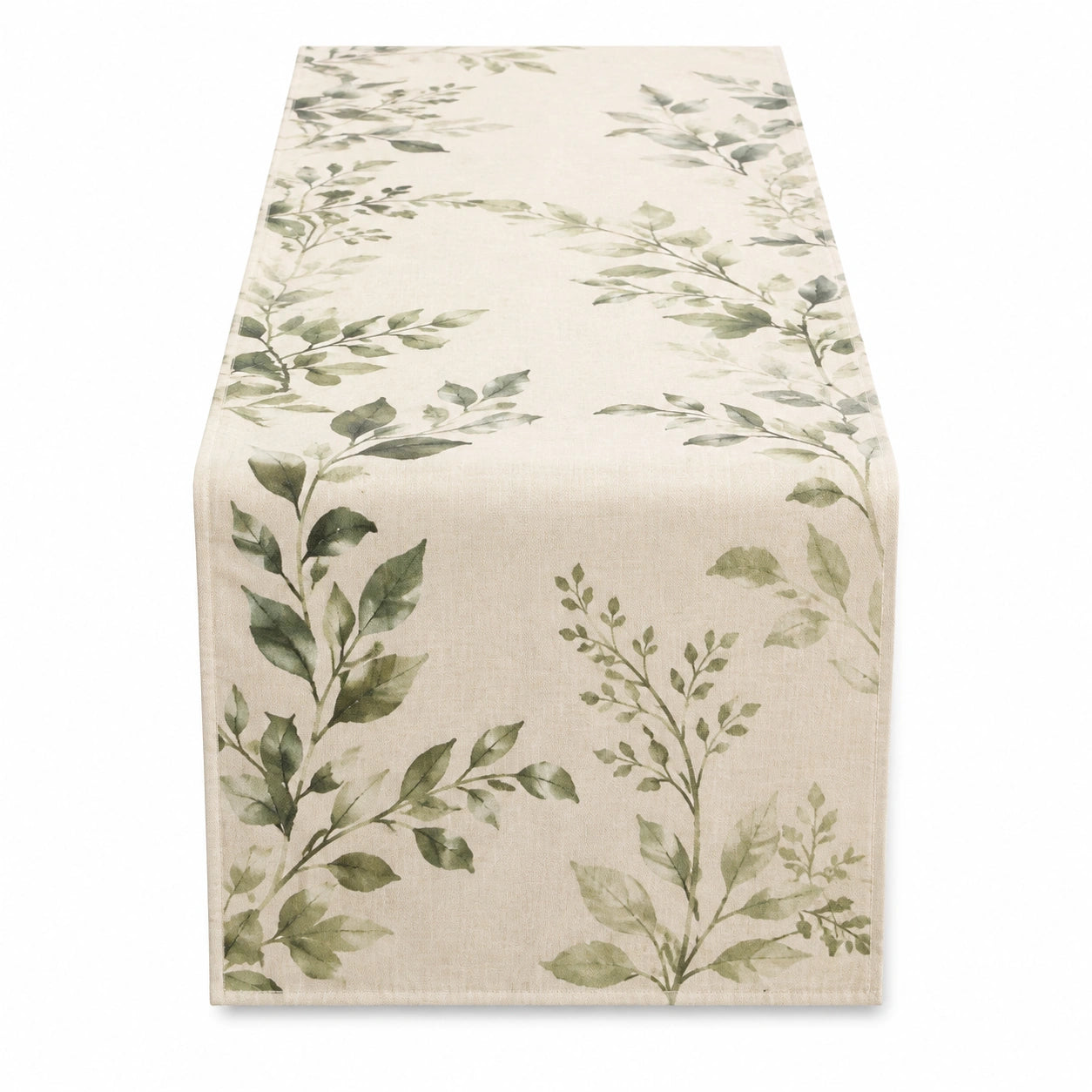 Runner da tavola 40 x 180 cm in tessuto beige e verde con motivo botanico stile naturale
