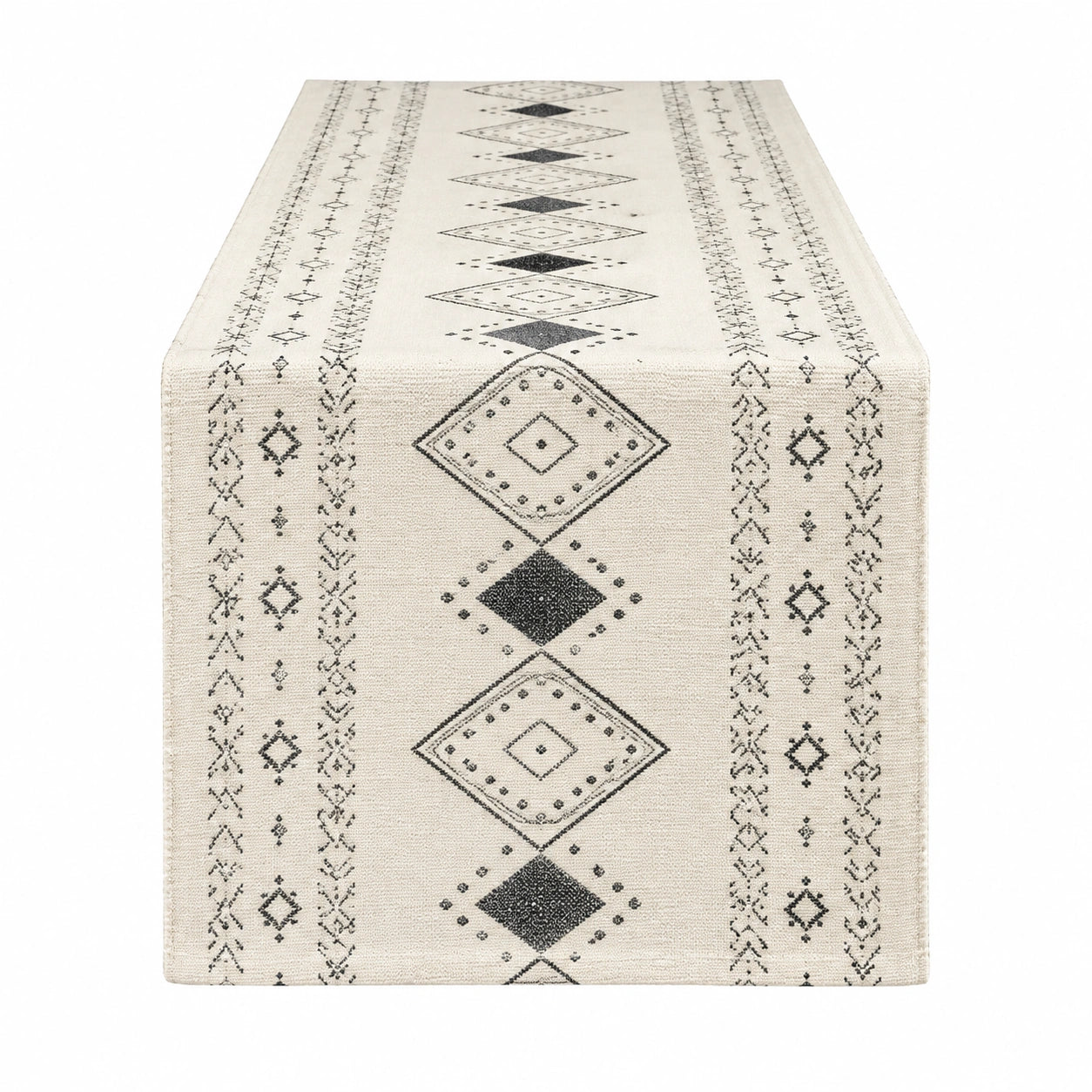 Runner da tavola 180 x 33 cm in tessuto beige e nero con motivo geometrico stile boho