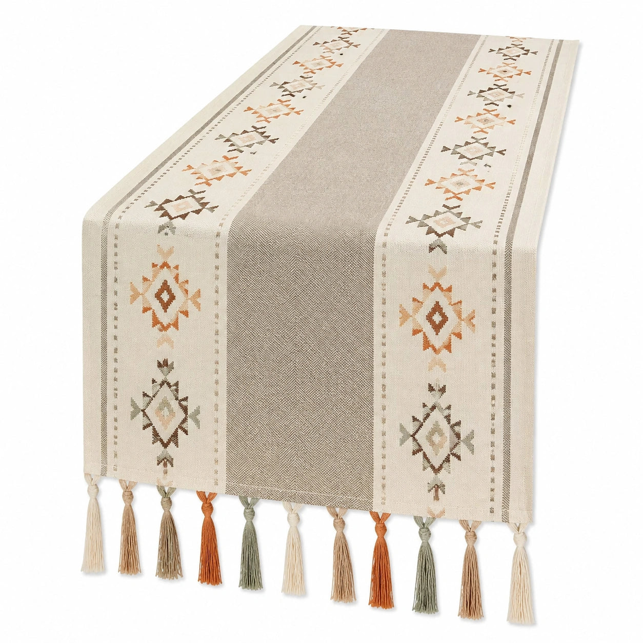 Runner da tavola 180 x 33 cm in tessuto beige con nappe stile geometrico