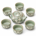 Servizio da tè in ceramica 7 pezzi verde salvia con teiera 20 x 13 cm e tazze 120 ml floreale