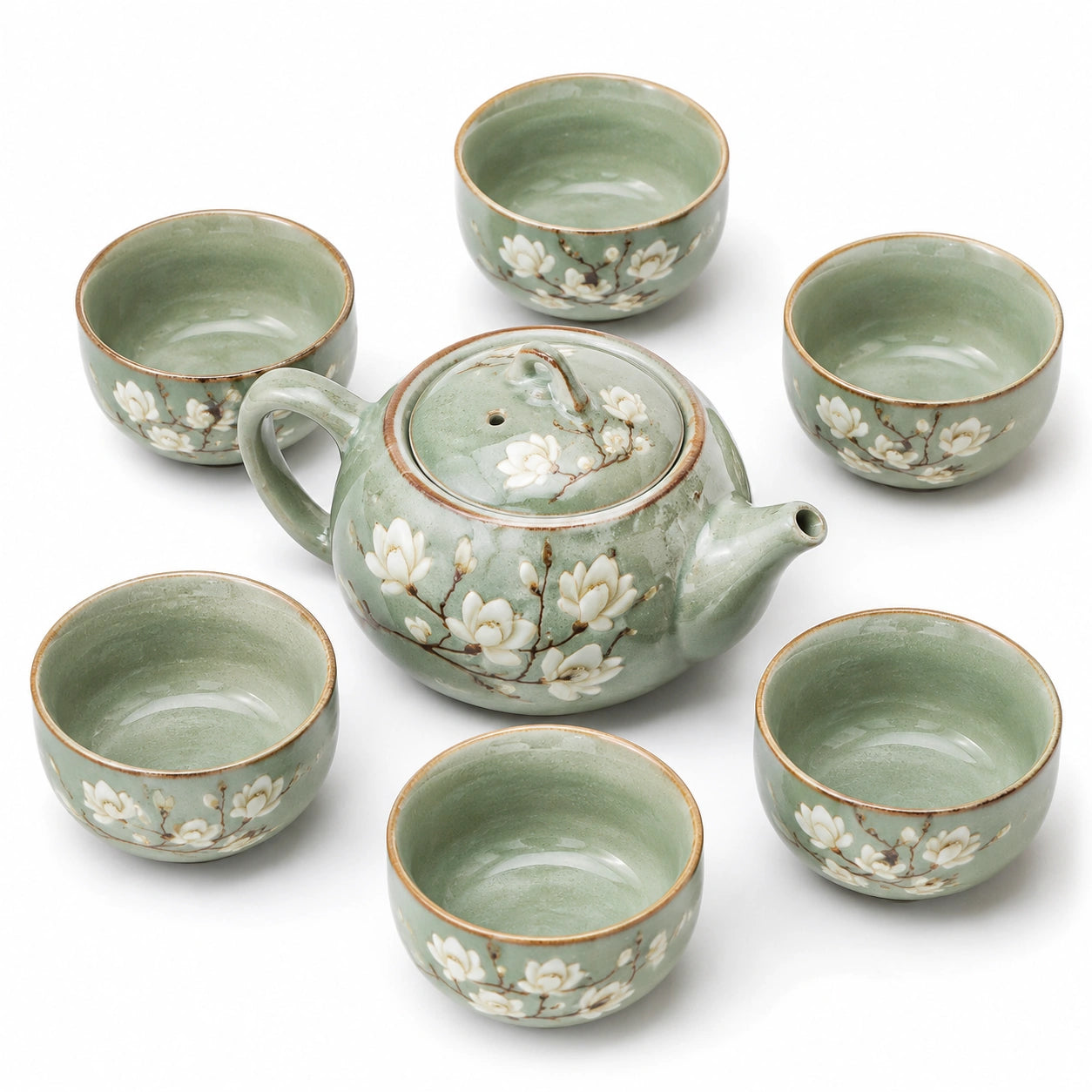 Servizio da tè in ceramica 7 pezzi verde salvia con teiera 20 x 13 cm e tazze 120 ml floreale
