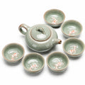Servizio da tè in ceramica 7 pezzi verde celadon con carpe - teiera 350 ml e 6 tazze 70 ml smaltate craquelé