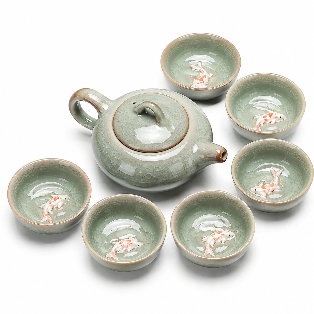 Servizio da tè in ceramica 7 pezzi verde celadon con carpe - teiera 350 ml e 6 tazze 70 ml smaltate craquelé