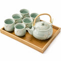 Set da tè 8 pezzi 40 x 30 cm in ceramica verde salvia con vassoio in bambù stile floreale