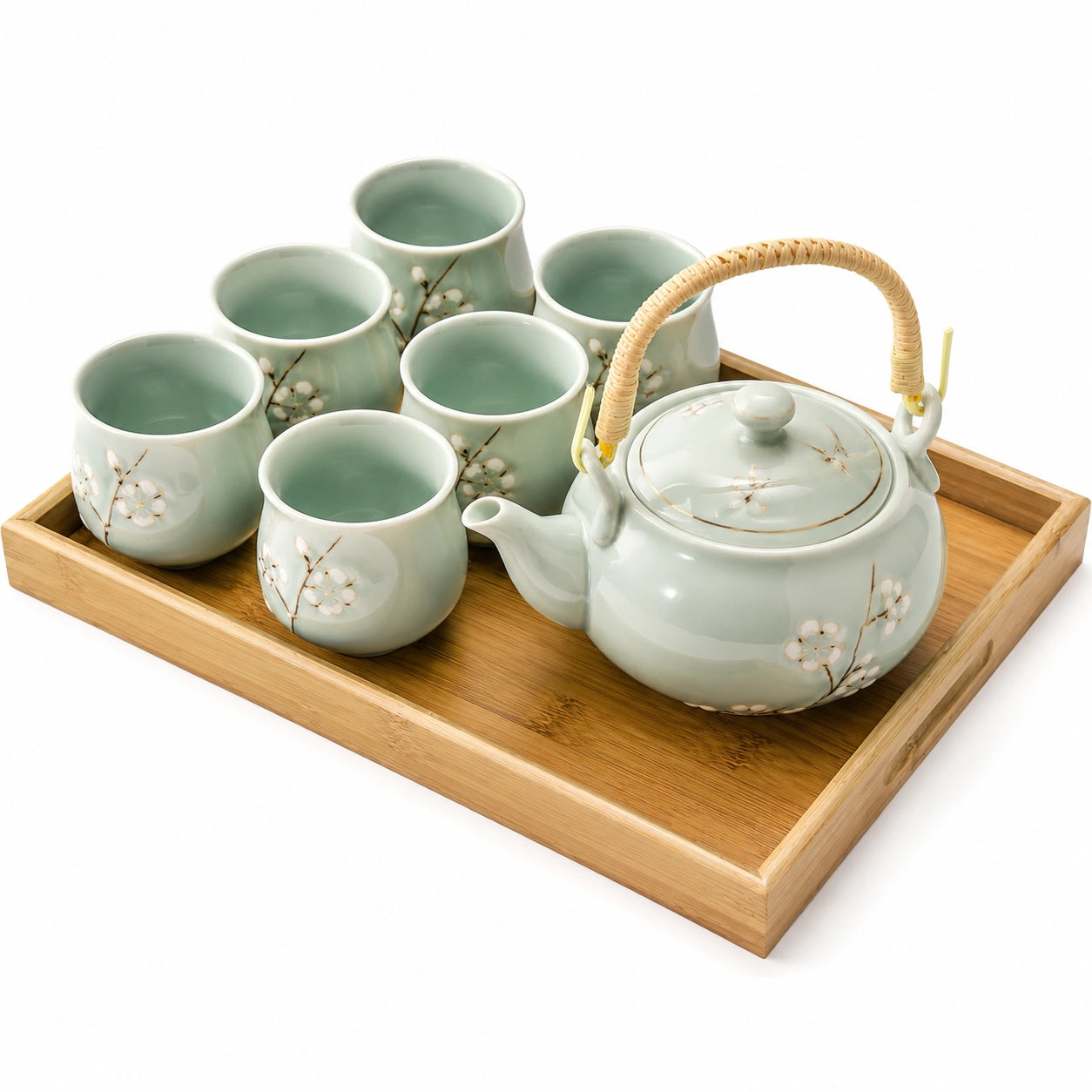 Set da tè 8 pezzi 40 x 30 cm in ceramica verde salvia con vassoio in bambù stile floreale