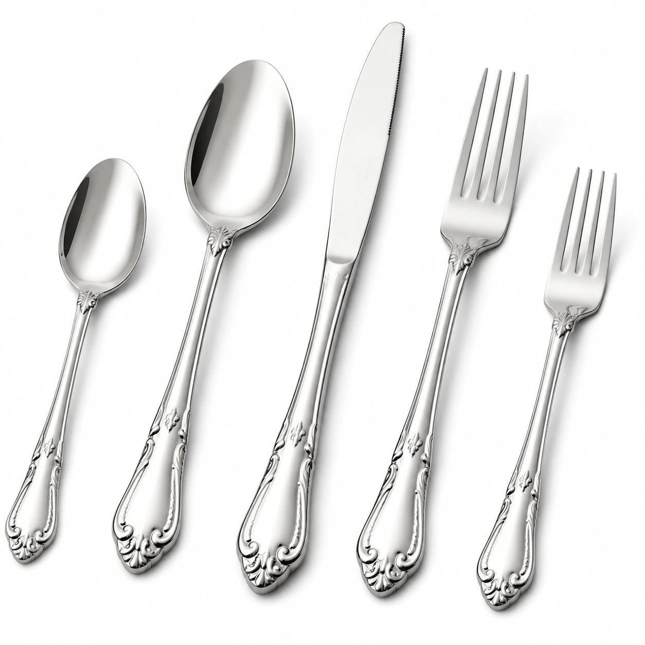 Set posate 5 pezzi in acciaio inox argento stile classico per tavola