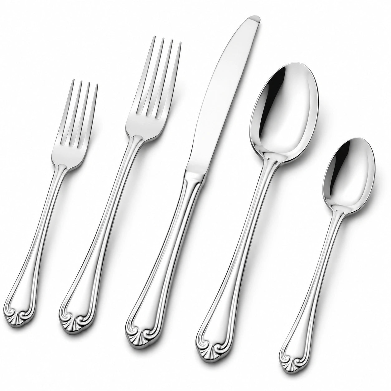 Set posate 5 pezzi in acciaio inox argento lucido stile classico
