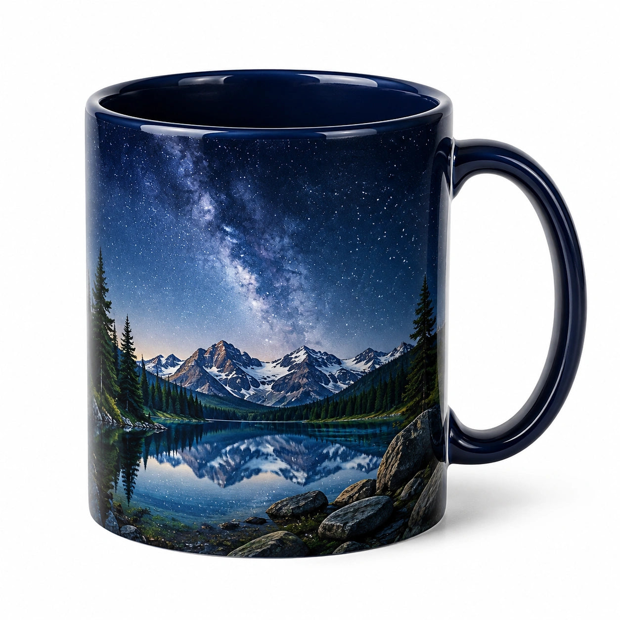 Tazza in ceramica 330 ml blu con paesaggio montano - manico per bevande calde e fredde