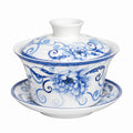 Tazza Gaiwan in porcellana 120 ml bianco e blu con coperchio e piattino