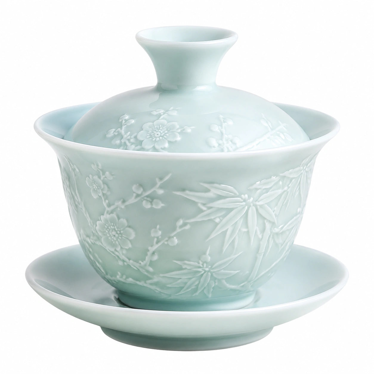 Tazza Gaiwan 120 ml in porcellana celadon con motivo floreale - set da tè con coperchio e piattino