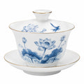 Tazza da tè Gaiwan 180 ml in porcellana bianca e blu con coperchio e piattino