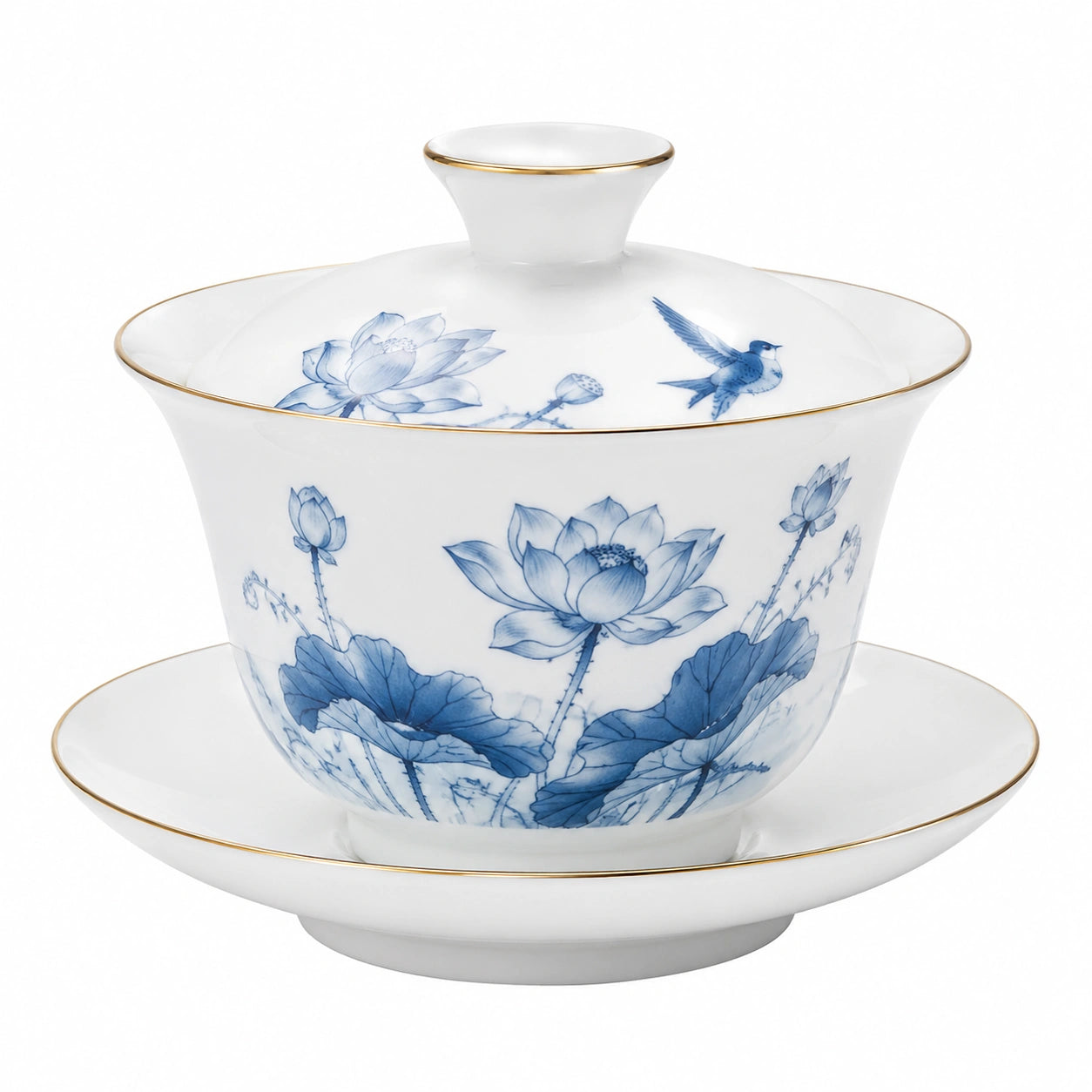 Tazza da tè Gaiwan 180 ml in porcellana bianca e blu con coperchio e piattino